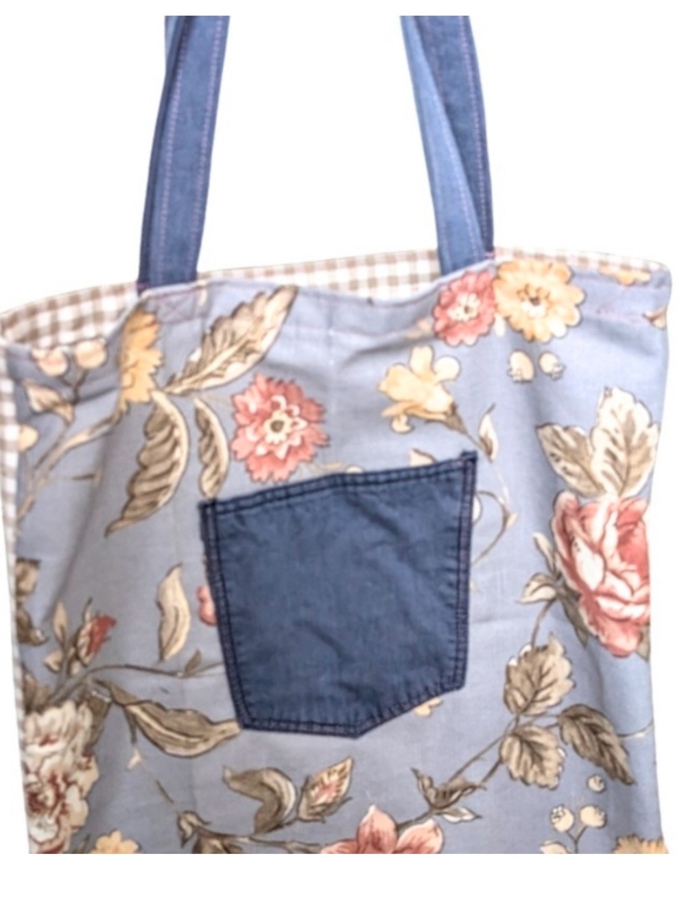 Handmade Floral and Gingham Canvas Tote Bag with Denim Pocket - Picture 3 of 4